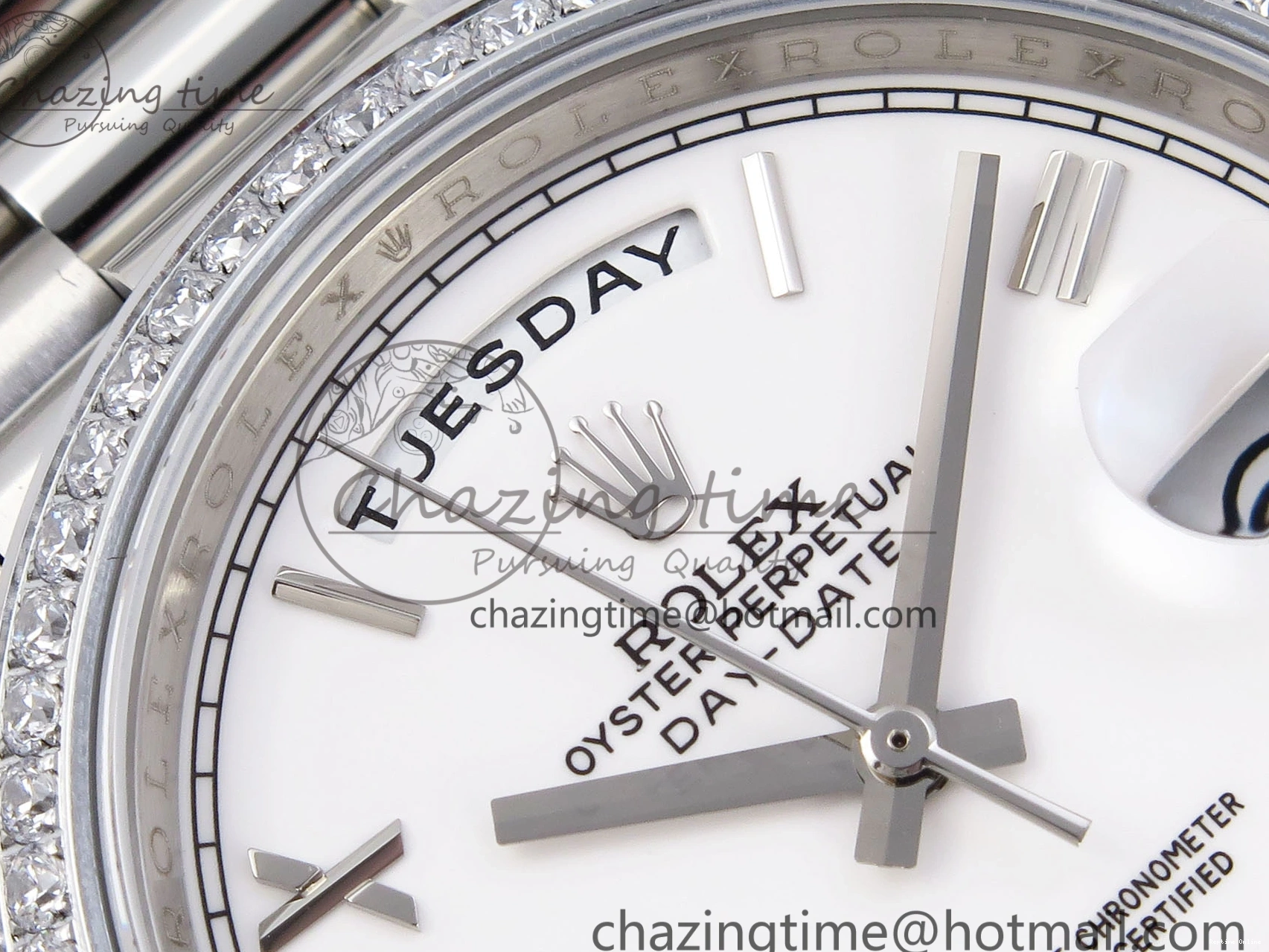 1224 DayDate 40 SS GSF Gain Weight White Roman Dial Diamonds Bezel on President Bracelet A Sustainable 1920